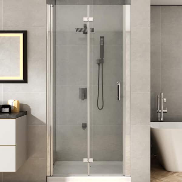 TOOLKISS 36 to 37-1/4 in. W x 72 in. H Bi-Fold Frameless Shower Doors in Chrome with Clear Glass