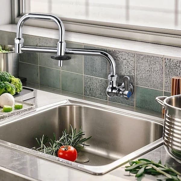 Single Handle Wall Mount Standard Kitchen Faucet with Insulated Switch and Double Joint Swing Arms in Chrome
