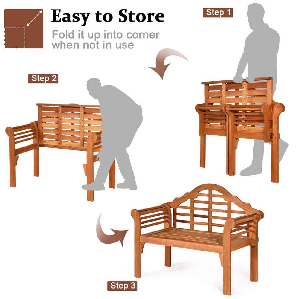 49" Eucalyptus Wood Outdoor Folding Bench with Backrest and Armrest