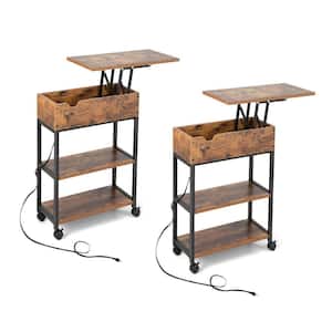 2PCS 23.5 in. W Lift Top End Table Rectangle withCharging Station Storage Shelves Wheels Mobile Bedside Mix Brown