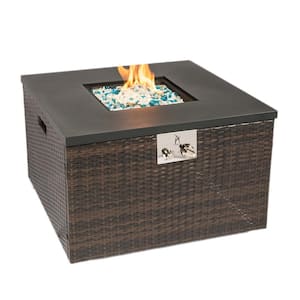 Outdoor Square Wicker Gas Fire Pit Table Propane Fire Table in Dark Brown with Glass Rocks