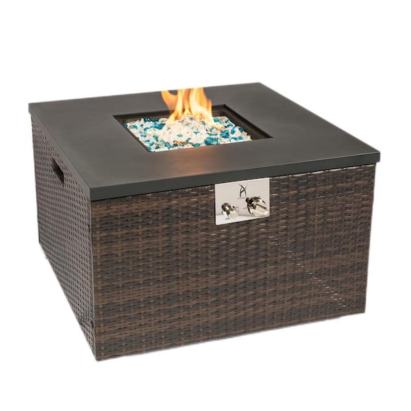 Mondawe Outdoor Square Wicker Gas Fire Pit Table Propane Fire Table in Dark Brown with Glass Rocks