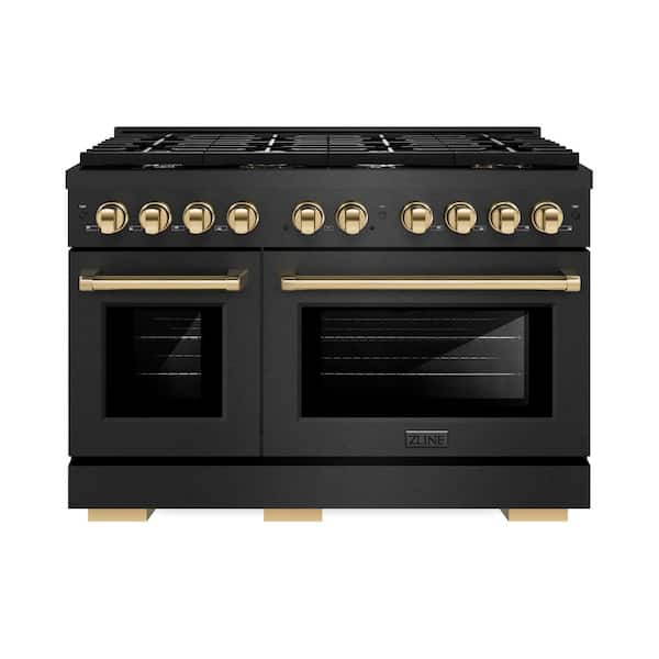 Autograph 48 in. 6.7 cu. ft. Paramount Double Oven Gas Range with 8 Burner Cooktop in Black Satin and Gold Accents