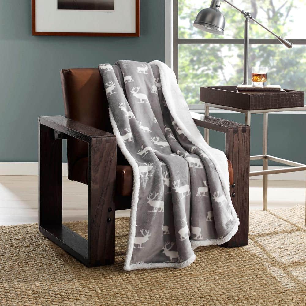 Elk Stance Gray Reversible Sherpa Fleece Throw Blanket