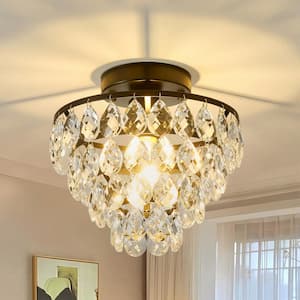 9.57 in. 1-Light Modern/Contemporary Matte Black Semi-Flush Mount Ceiling Light with Crystal Strings