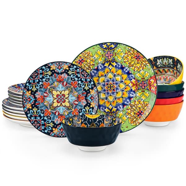 MALACASA 18-Piece Porcelain Dinnerware Set Bowl and Plate Set Bohemian Style Colorful Dinner Dessert Plate Bowl, Service for 6