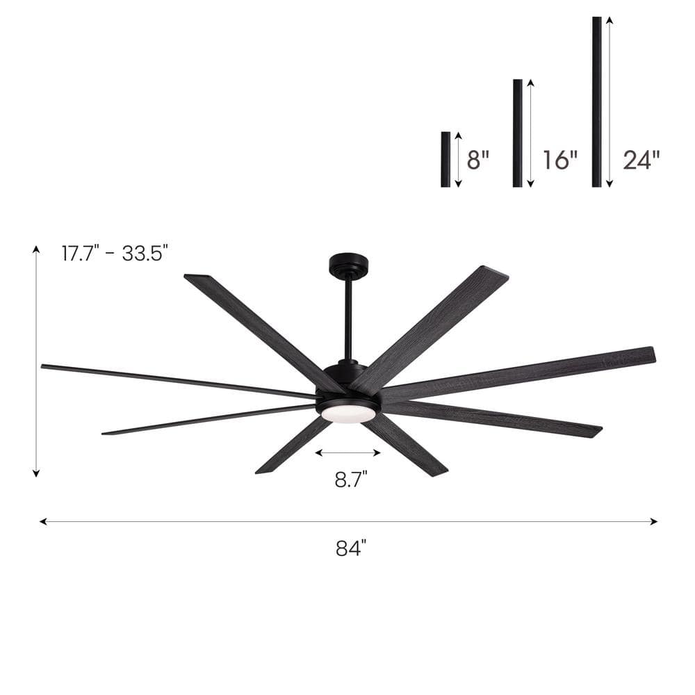 84'' Black Polycarbonate Industrial Ceiling Fan with LED Light and Remote