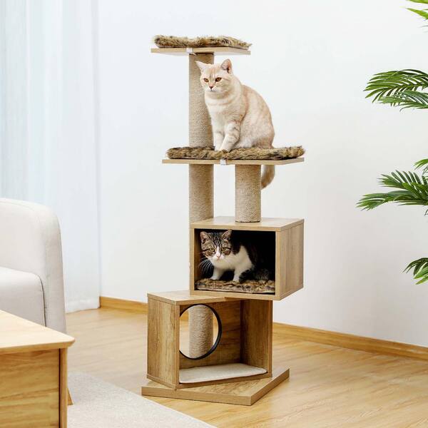 Wood Cat Tree Modern Cat Tower Sisal Scratching Post Double Condos