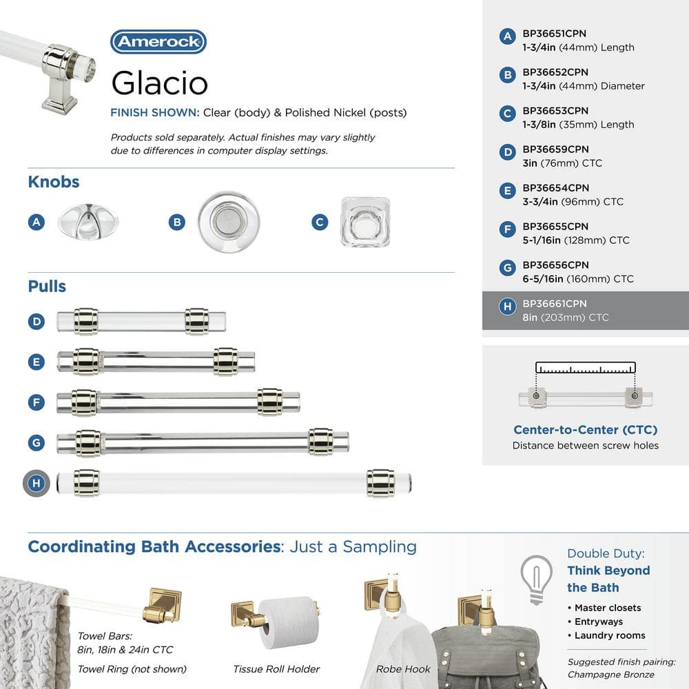 Glacio 8" Clear and Polished Nickel Bar Cabinet Pull