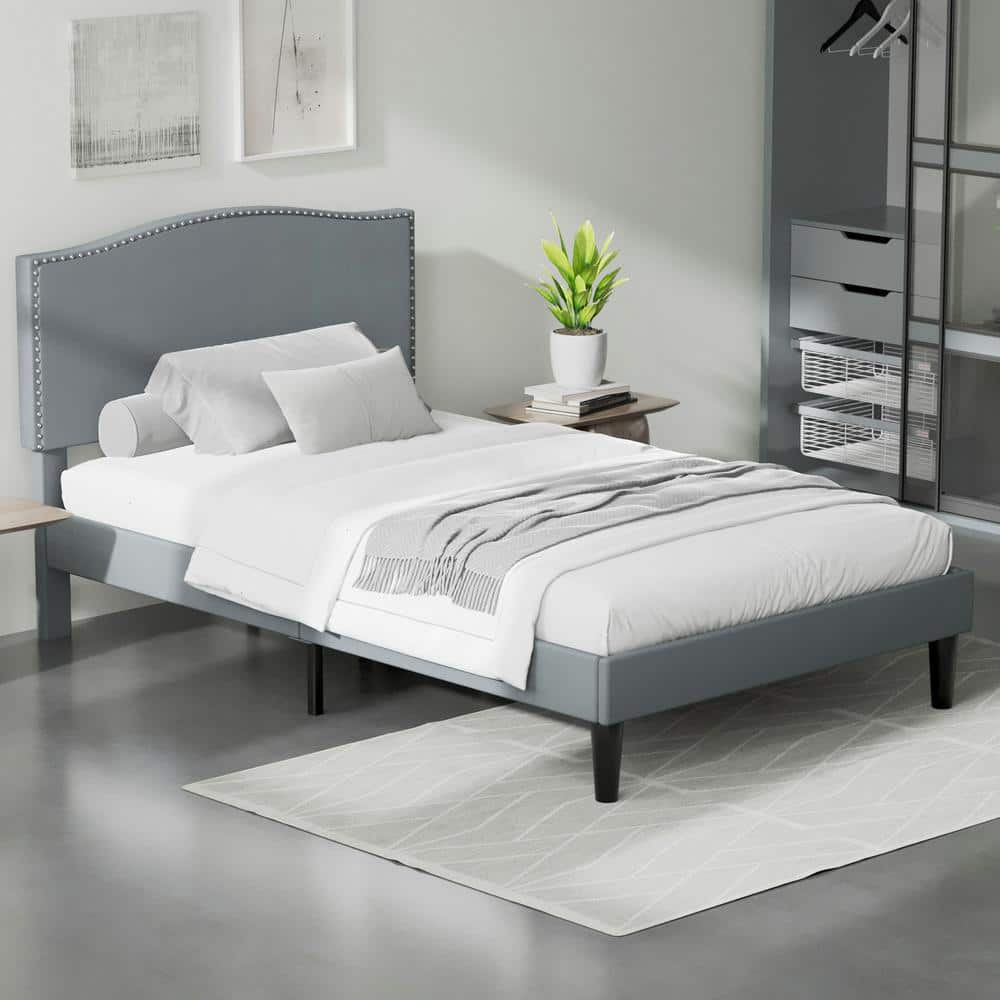 VECELO Upholstered Bed Gray Metal Frame Twin Platform Bed With ...