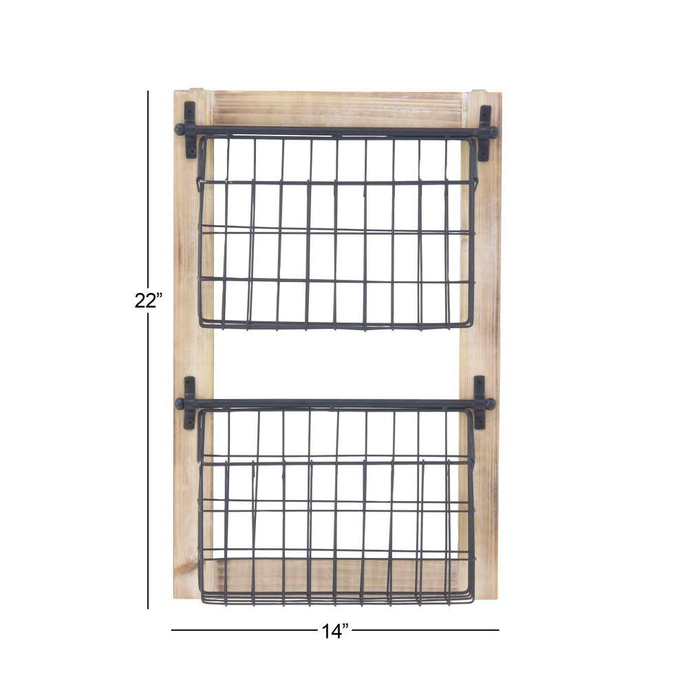Industrial Black Metal and Wood 2-Tier Wall-Mounted Basket