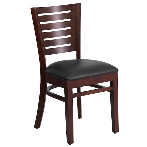 Flash Furniture Darby Series Walnut Slat Back Wooden Restaurant Chair with Black Vinyl Seat
