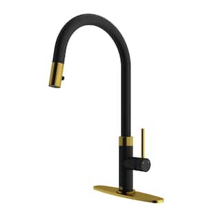 Bristol Single Handle Pull-Down Sprayer Kitchen Faucet Set with Deck Plate in Matte Brushed Gold and Matte Black