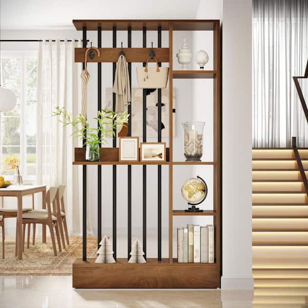 71 in. Brown Wood Room Divider, Modern Freestanding 4-Shelf Room Divider Bookcase with 3 Hooks for Home Living Room