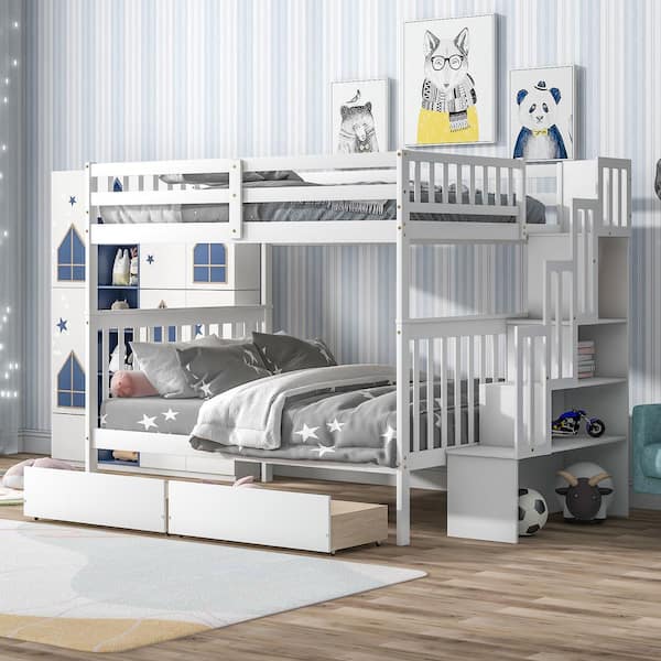 Polibi White Full Over Full Bunk Bed with 2 Drawers and Staircases, Convertible into 2 Beds with Staircase and Safety Rails