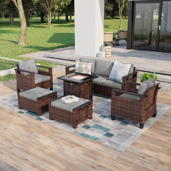 Sonkuki 6 Pieces Brown Wicker Gray Cushion Patio Conversation Set with Square Firepit Table and Ottomans