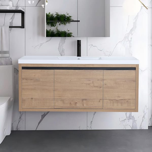 UPIKER Modern 47.6 in. W x 18.3 in. D x 21.3 in. H Floating Bath Vanity in California Walnut with White Resin Top
