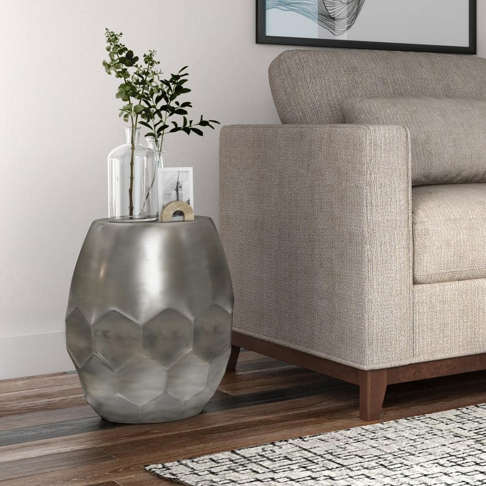 Antique Silver Round Metal Drum Accent Table
