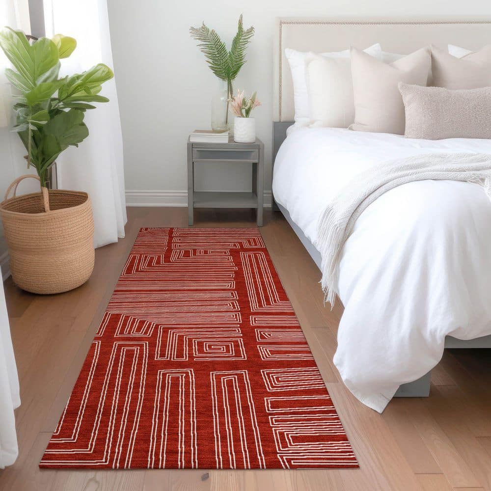 Red Geometric Synthetic Washable Runner Rug 2'3" x 7'6"
