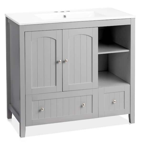 35.85 in. Gray Bath Vanity with White Ceramic Top Unassembled