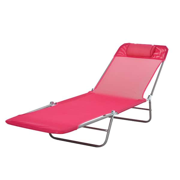 Folding Chaise Lounge Chair in Pink  with Reclining Back and Headrest, Pool Sun Tanning Chair,Breathable Mesh Seat