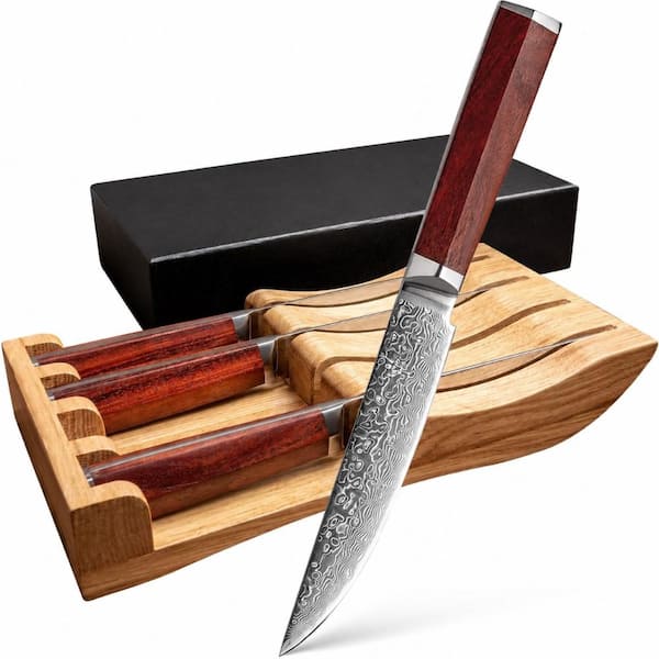 5 in. VG-10 Damascus Steel 67-Layer Non-Serrated Steak Knife Set with Natural Wood Handle and In-Drawer