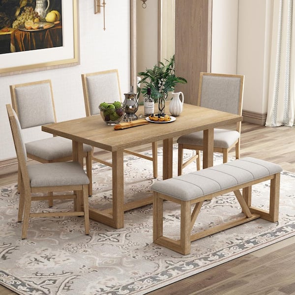 Harper & Bright Designs 6-Piece Natural MDF and Oak Veneer Top Trestle Base Dining Table with 4-Upholstered Chairs and 1-Bench
