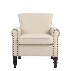 Mid-Century Retro Wooden Brown Legs Beige Upholstered Accent Armchair With Nailhead Trim (Set of 1)