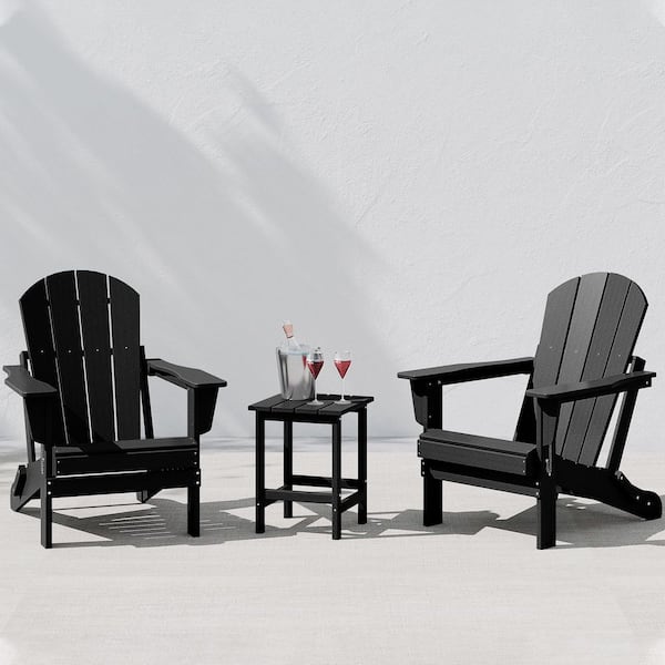 Laguna 3-Piece Fade Resistant Outdoor Patio HDPE Poly Plastic Folding Adirondack Chair Set with Side Table in Black