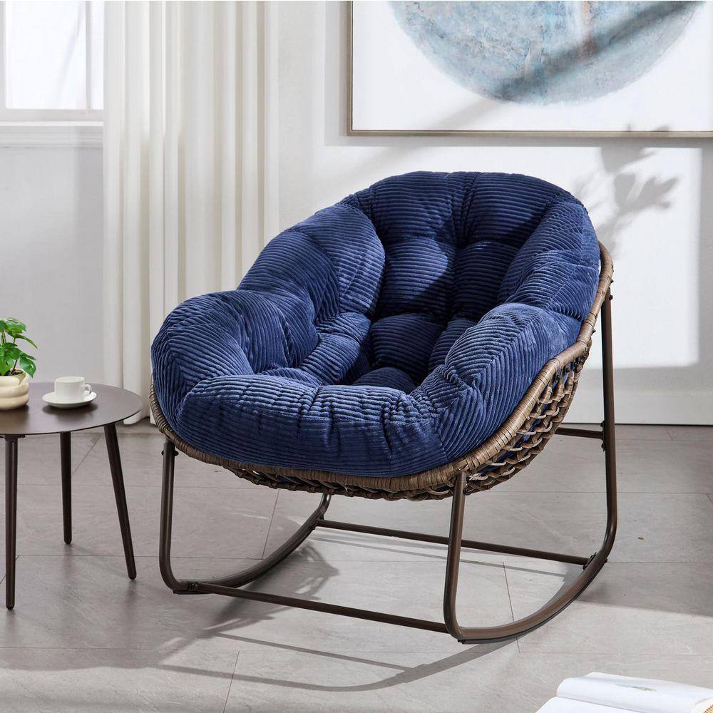 Blue Velvet Rattan Rocking Chair with Padded Cushion, Outdoor/Indoor ...