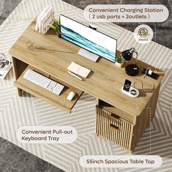 55 in. Natural Office Desk with Power Outlets, 2-Storage Drawers and Keyboard Tray