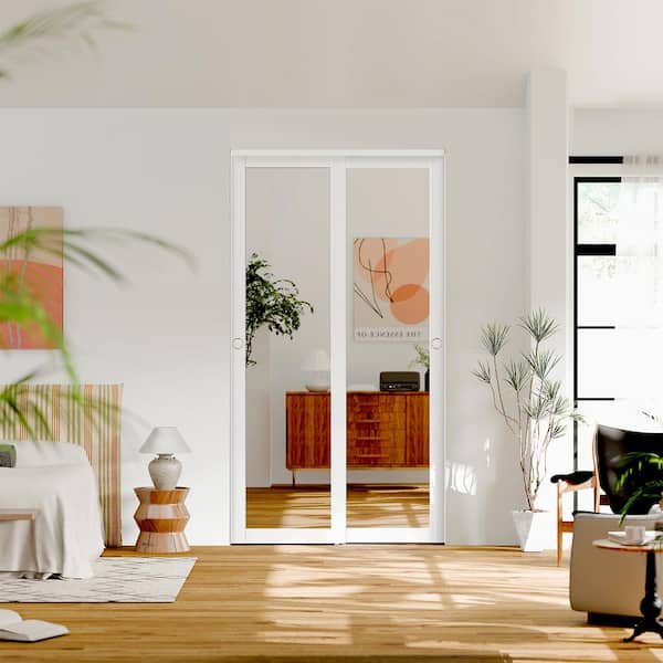 TENONER 48 in. x 80 in. Solid Core, White Double Slide, MDF, Mirrored Glass, 1-Lite Sliding Door with Handle & All Hardware