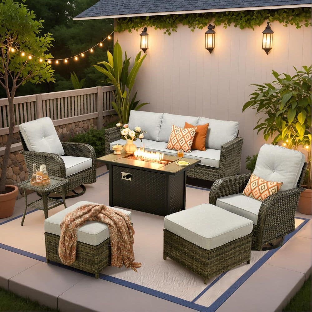 Daphne 7-Piece Wicker Patio Conversation Sofa Swivel Rocking Chairs Set with Metal Fire Pit and Light Gray Cushions price history on PriceWatchPro
