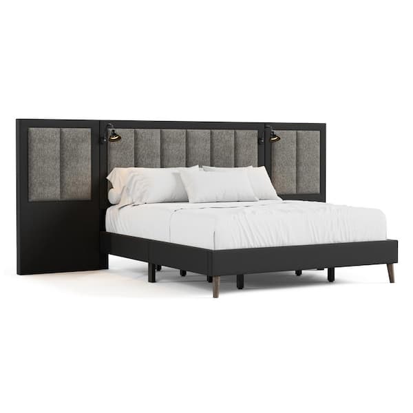Thease Brown Wood Frame Eastern King Panel Bed with Extended Wall Panel and LED on Headboard