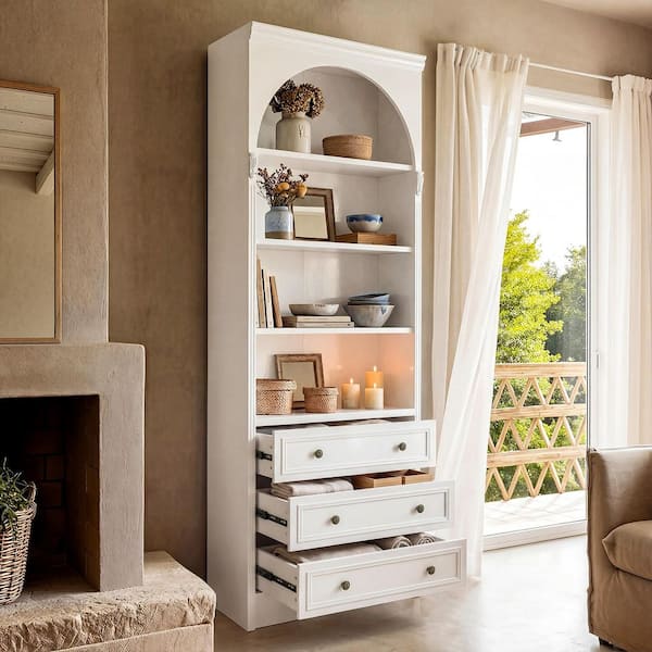 White 86.6 in. Accent Storage Cabinet with 4 Shelves, 3 Drawers, Arched Top, and LED Lighting for Living Room Display