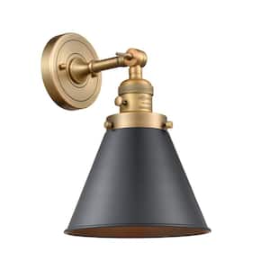 Appalachian 8 in. 1-Light Brushed Brass Wall Sconce with Matte Black Metal Shade with On/Off Turn Switch