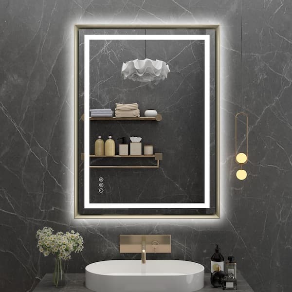 QuivaraView 28 in. W x 36 in. H Rectangular Aluminum slope Framed LED light Bathroom Vanity Mirror in Color Champagne Gold