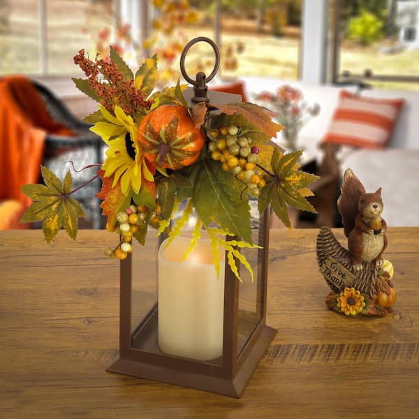 National Tree Company 14 in. Sunflower and Pumpkin Decorated Harvest Lantern