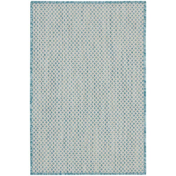 Nourison Courtyard Ivory Aqua doormat 2 ft. x 3 ft. Geometric Contemporary Indoor/Outdoor Patio Kitchen Area Rug