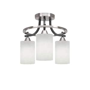 Madison 14.25 in. 3-Light Matte Black and Brushed Nickel Semi-Flush Mount with White Muslin Glass Shade