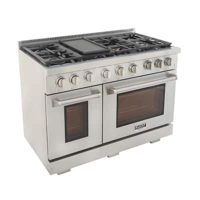 Professional 48 in. 6.7 cu. ft. Double Oven Propane Gas Range with 25K Power Burner Convection Oven in Stainless Steel