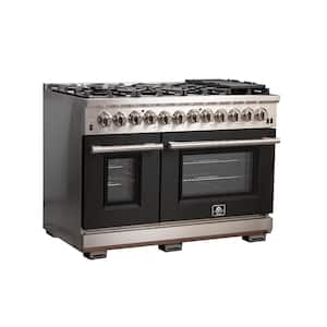 Capriasca 48 in. 6.58 cu ft Double Oven Dual Fuel Range with Gas Stove and Electric Oven in Stainless Steel w/Black Door