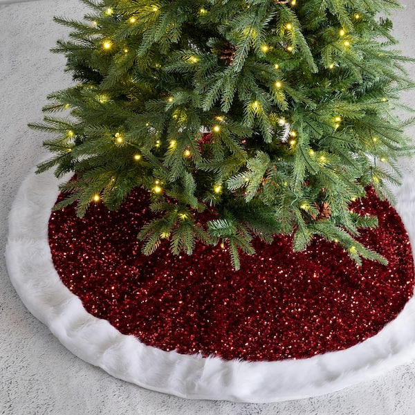 Details about   Christmas Holiday Tree Skirt Glitter Green Red Round 48" White Faux Fur Trim New 