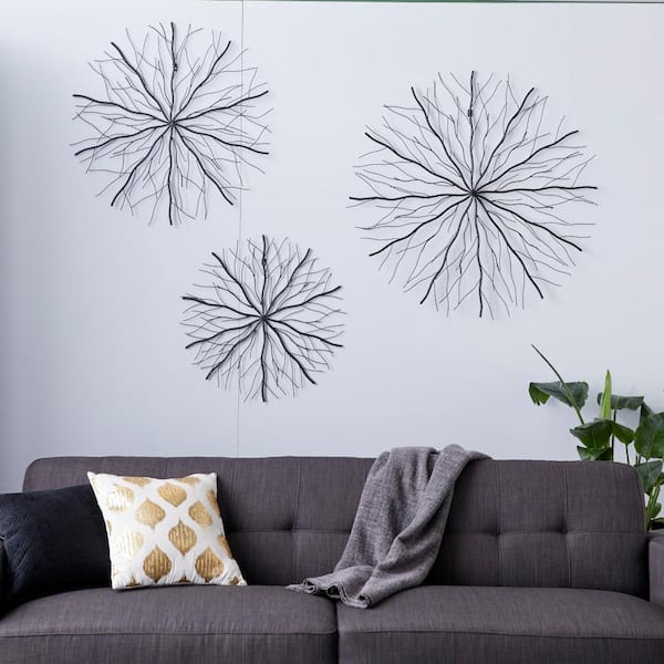 Litton Lane Metal Black Starburst Wall Decor with Branch Inspired Design (Set of 3)