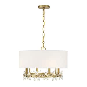 Dahlia 21 in. W x 14 in. H 4-Light Warm Brass Statement Pendant Light with White Linen Fabric Shade and Crystal Flowers