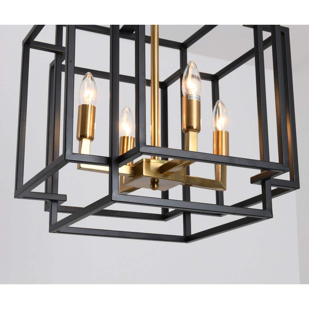 Black and Gold Metal Lantern Chandelier with Candle Bulbs