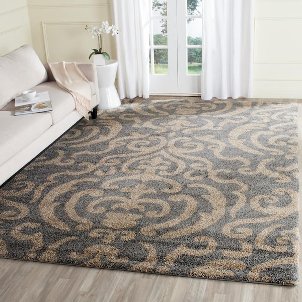Florida Shag Gray/Beige 8 ft. x 10 ft. Floral Damask Area Rug