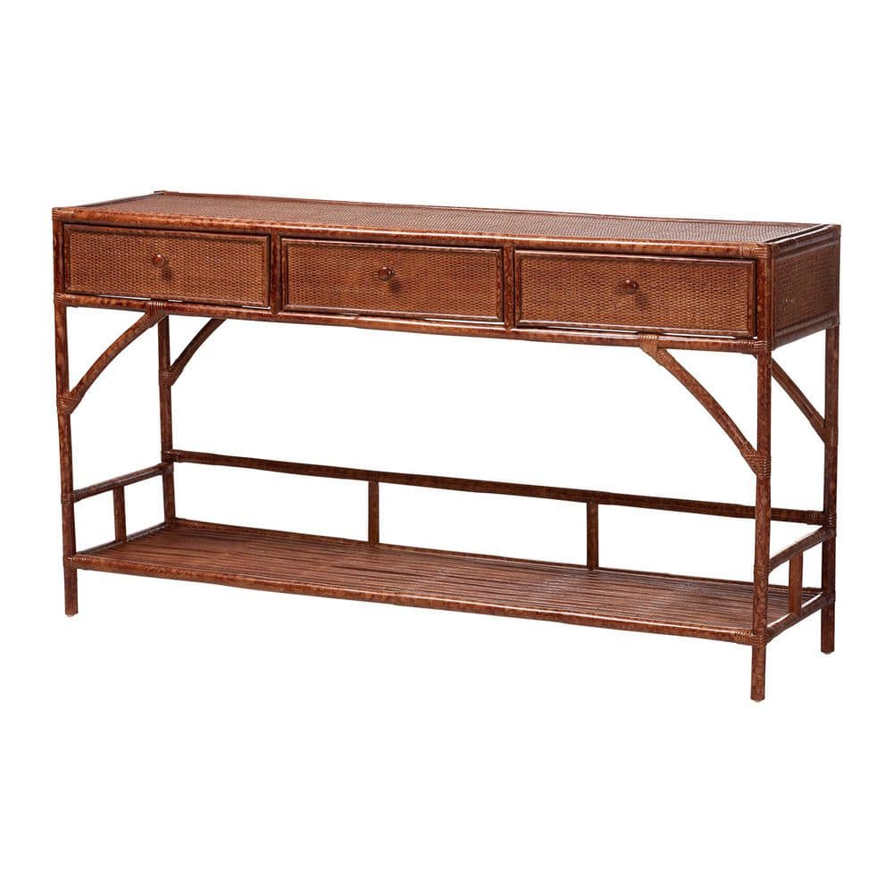 Brier 61.4 in. Marbled Tortoise Brown Rectangle Rattan Wicker Console Table