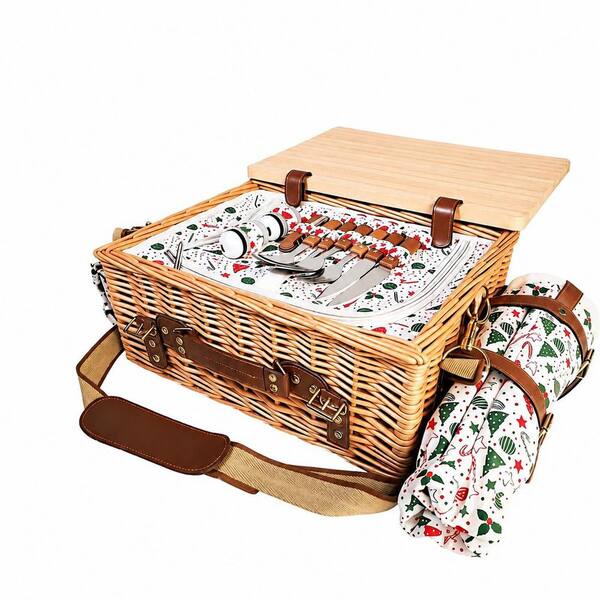 2-Person Wicker Picnic Basket Set with Insulated Compartment, Foldable Table, Blanket, and Tableware