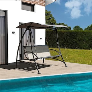 3-Person Brown Metal Porch Swing with Adjustable Canopy